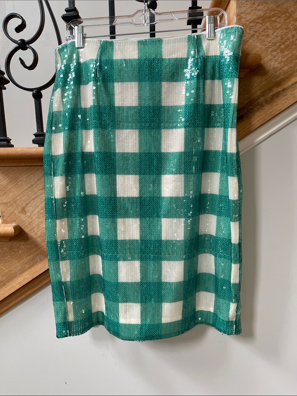 Brooks Brothers Green and White Gingham Sequin Pencil Skirt